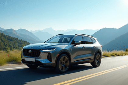 SUV moderne sur route de montagne sous un ciel bleu