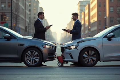 Deux voitures après une petite collision en ville avec conducteurs calmes