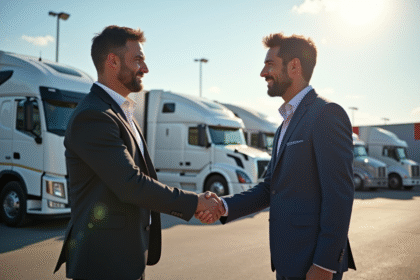 Acheteur de camions confiant serrant la main d un vendeur devant des camions neufs