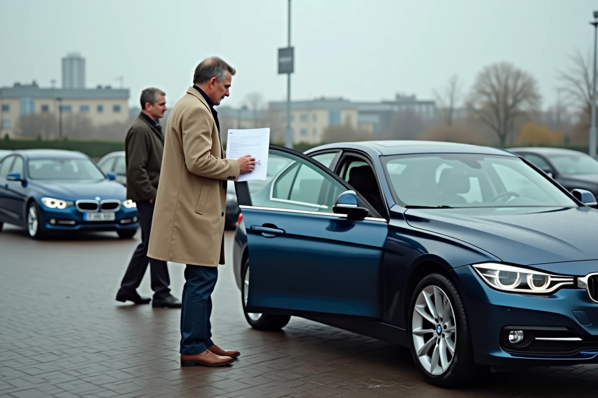 Acheteur examinant une BMW 318d d'occasion avec check-list avant achat sur un parking de concessionnaire