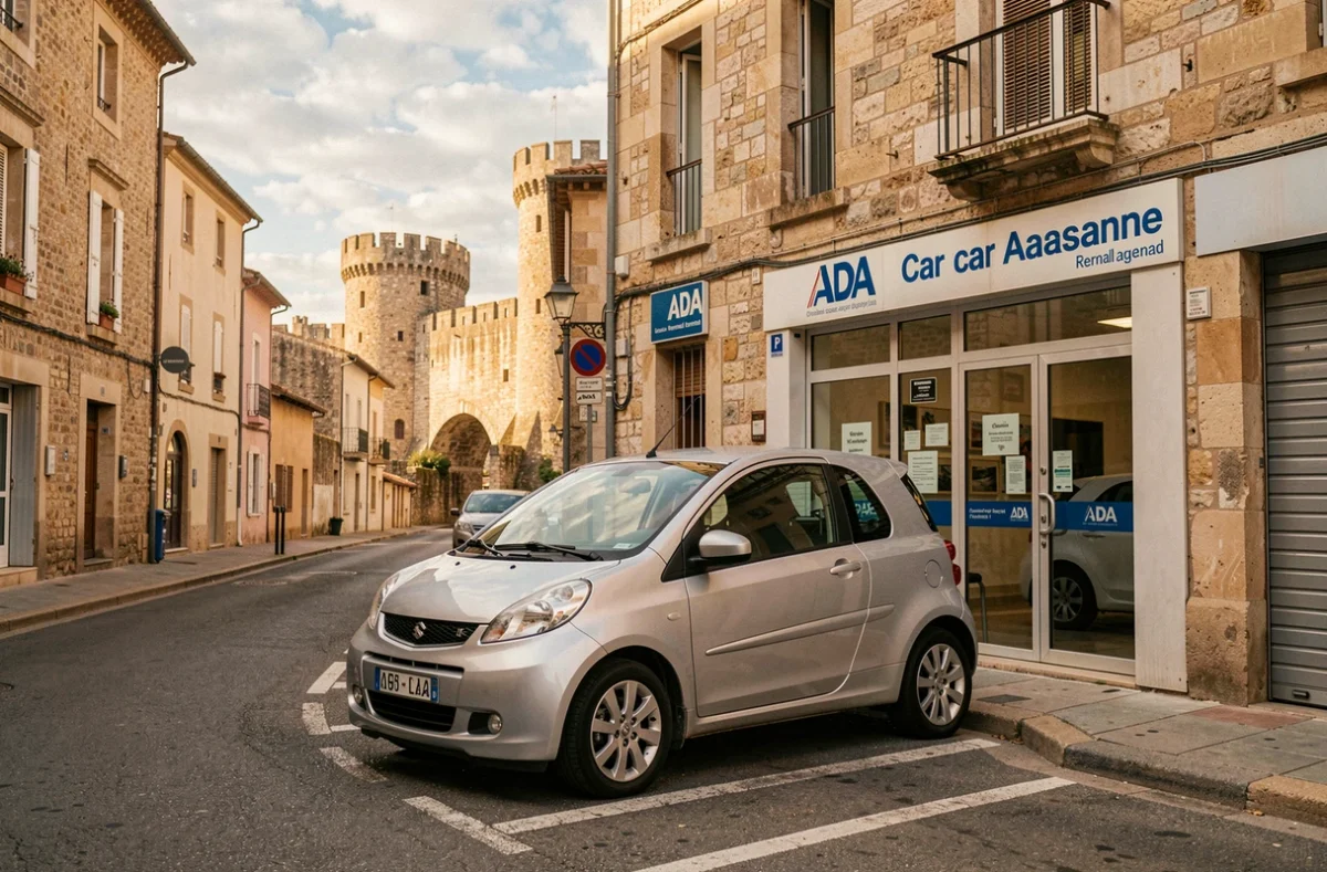 Agence ADA à Carcassonne avec un véhicule de location devant la façade et la cité médiévale en arrière-plan