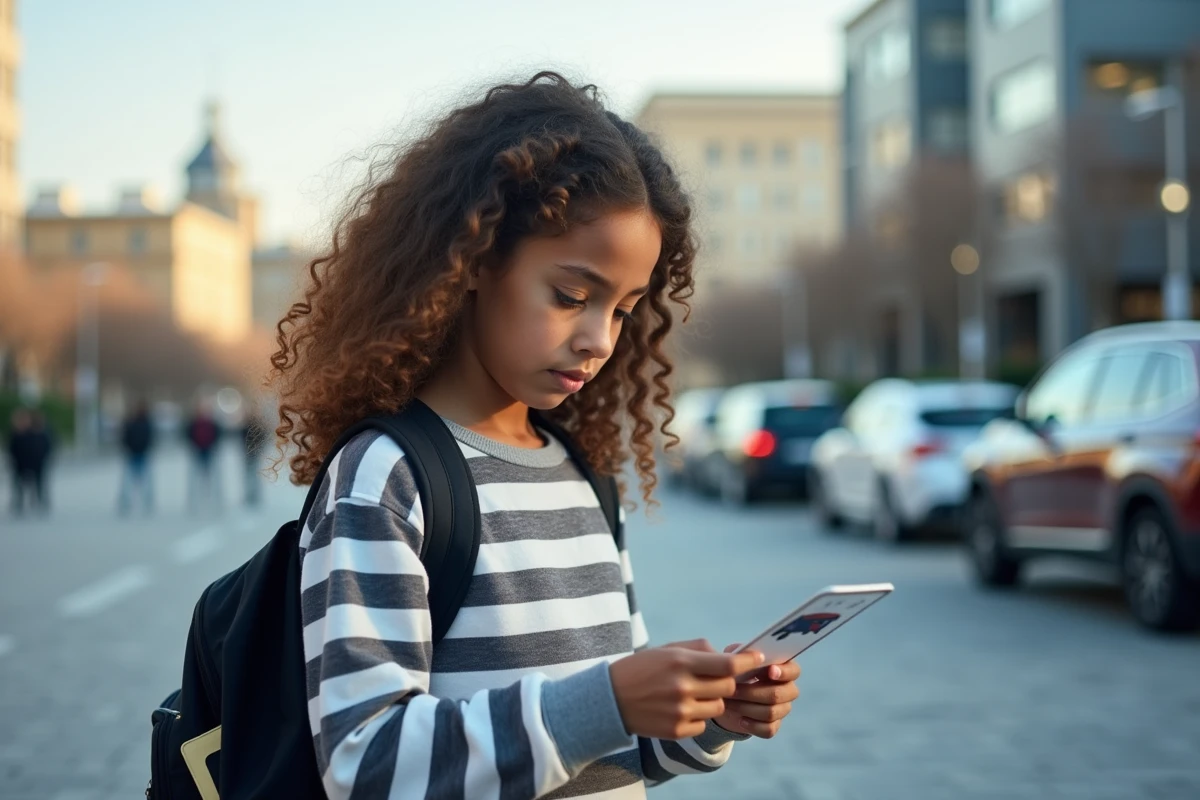 Adolescente regardant un flashcard de voiture en extérieur en ville