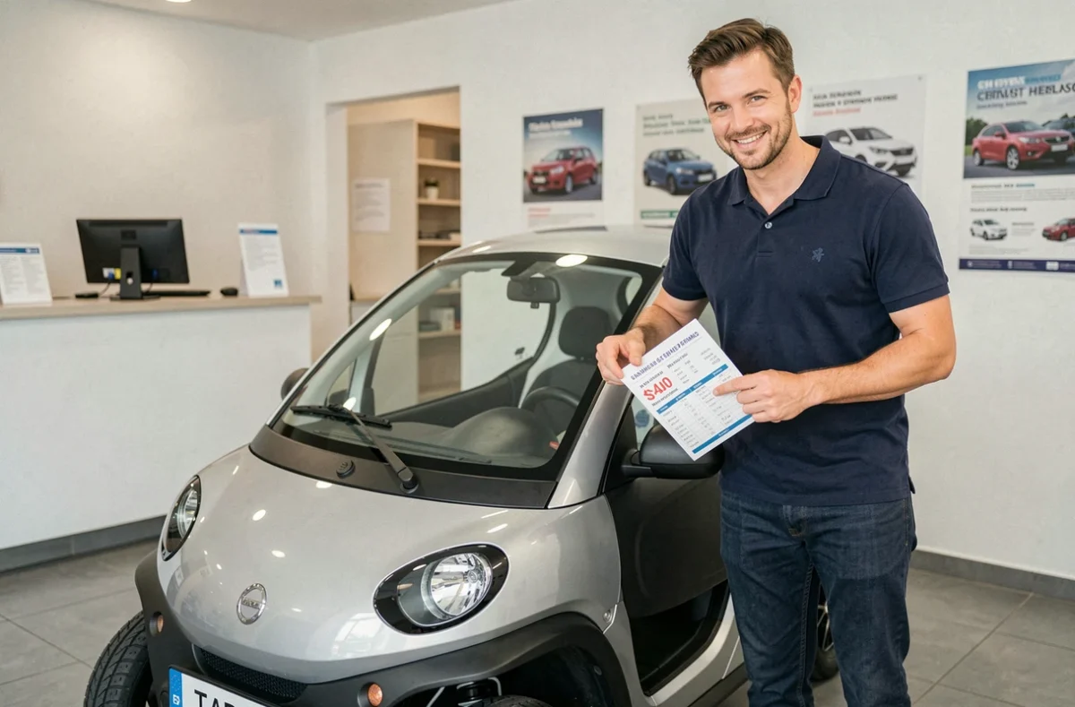 Agent de location présentant le tarif d'une voiture sans permis dans une agence moderne