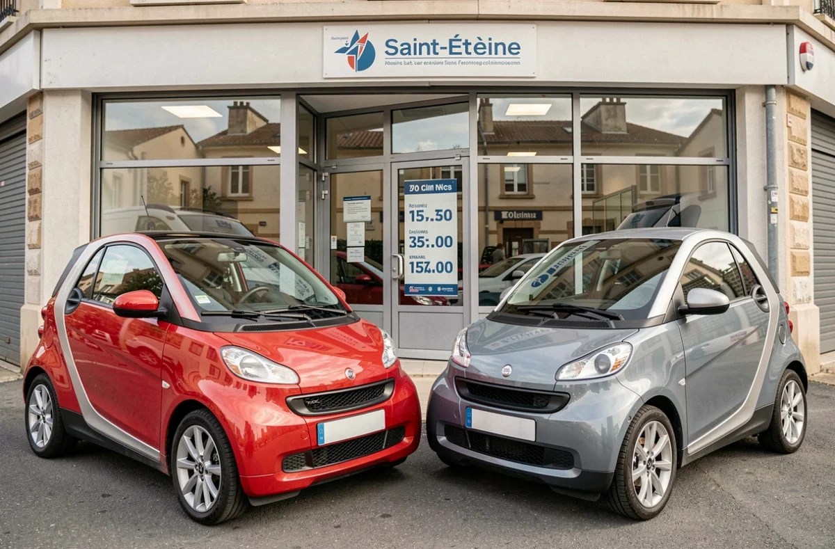 Deux voitures sans permis garées devant une agence de location avec tableau de tarifs visible à Saint-Étienne