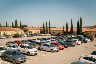 Vue panoramique d'un parking de location de voitures en Occitanie avec plusieurs véhicules alignés sous un ciel méditerranéen