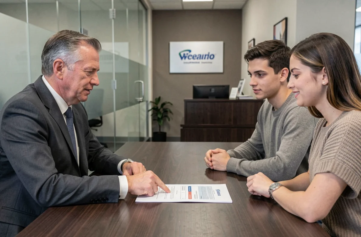 Agent d'assurance expliquant la franchise auto à un couple de clients dans une agence