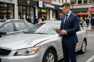 Agent d'assurance inspectant les dégâts sur une voiture accidentée dans un parking urbain