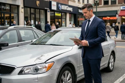 Agent d'assurance inspectant les dégâts sur une voiture accidentée dans un parking urbain