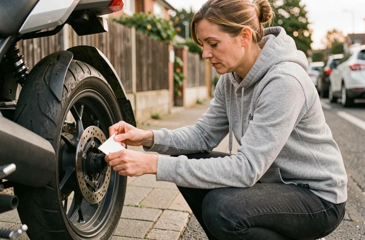 Femme appliquant un covering vinyle sur une jante de moto dans une rue résidentielle