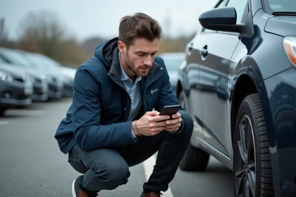 Homme utilisant une application mobile pour trouver une station de gonflage de pneu près de lui dans un parking