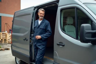 Artisan homme en overalls ouvrant la porte d'une camionnette sur un chantier