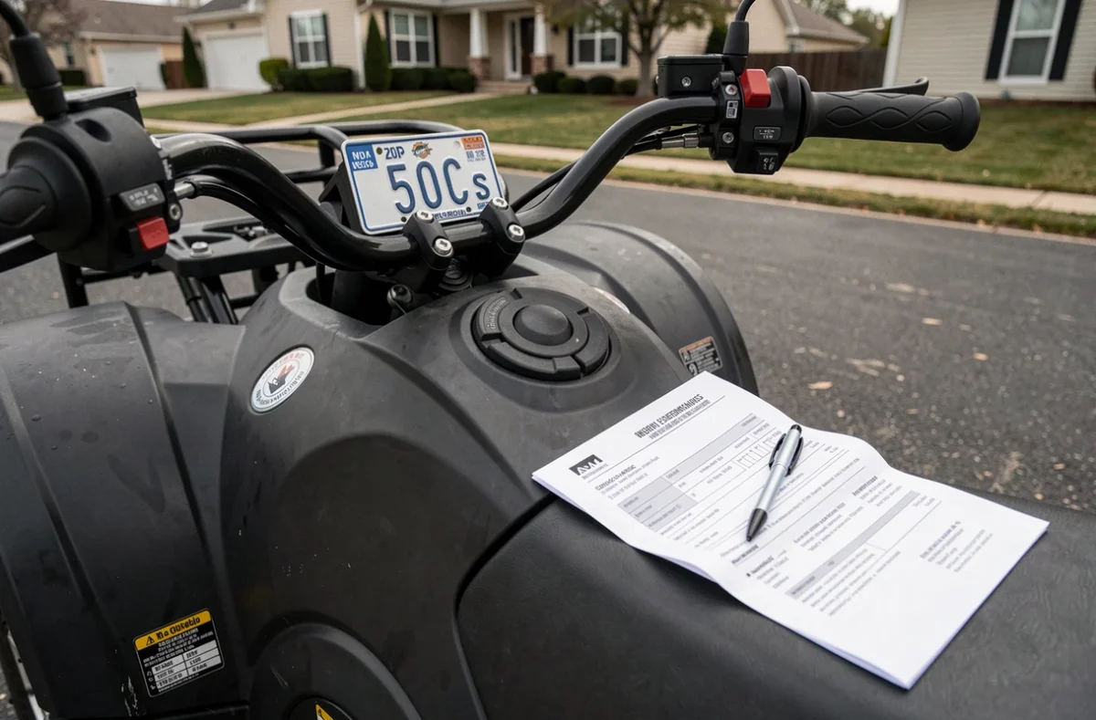 Plaque d'immatriculation et document d'assurance posés sur un quad 50cc homologué dans une allée résidentielle