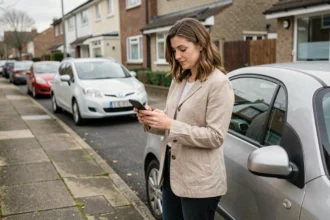 Femme consultant son application de suivi kilométrique à côté de sa voiture dans une rue résidentielle