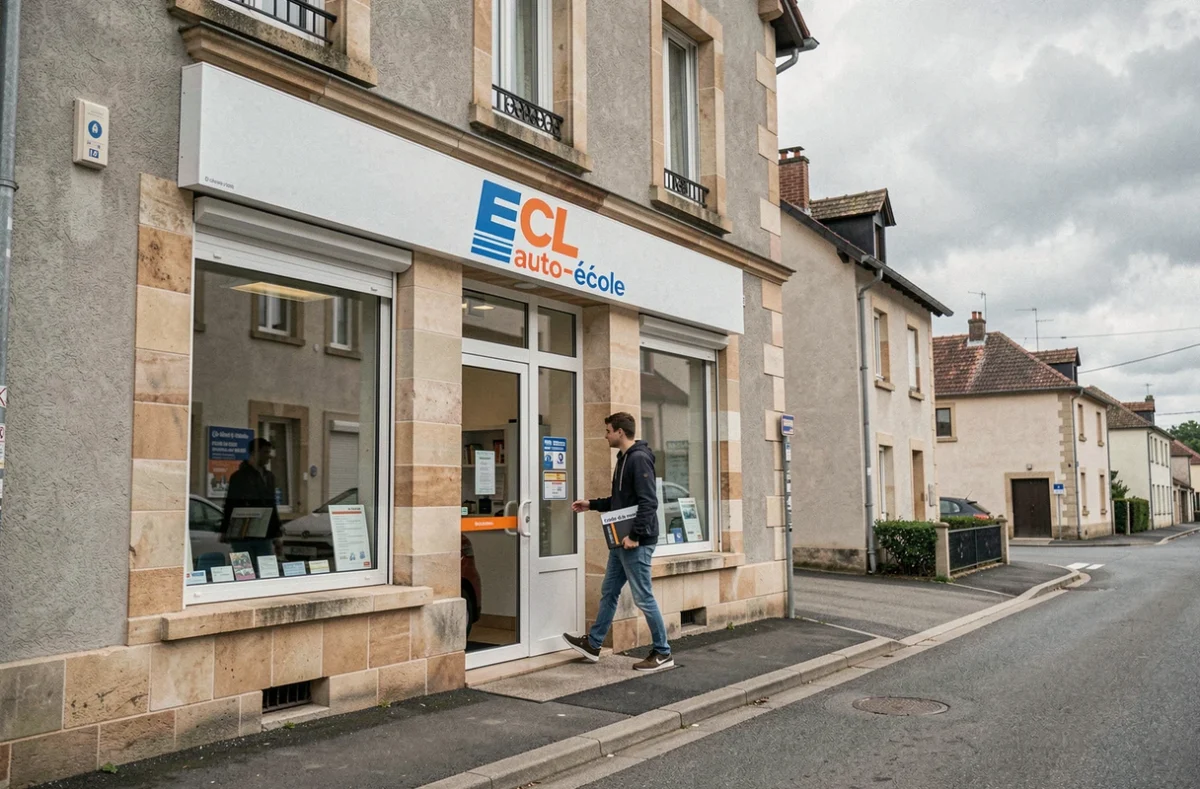 Façade de l'auto-école ECL à Lure avec un élève sortant de l'établissement tenant son manuel de code
