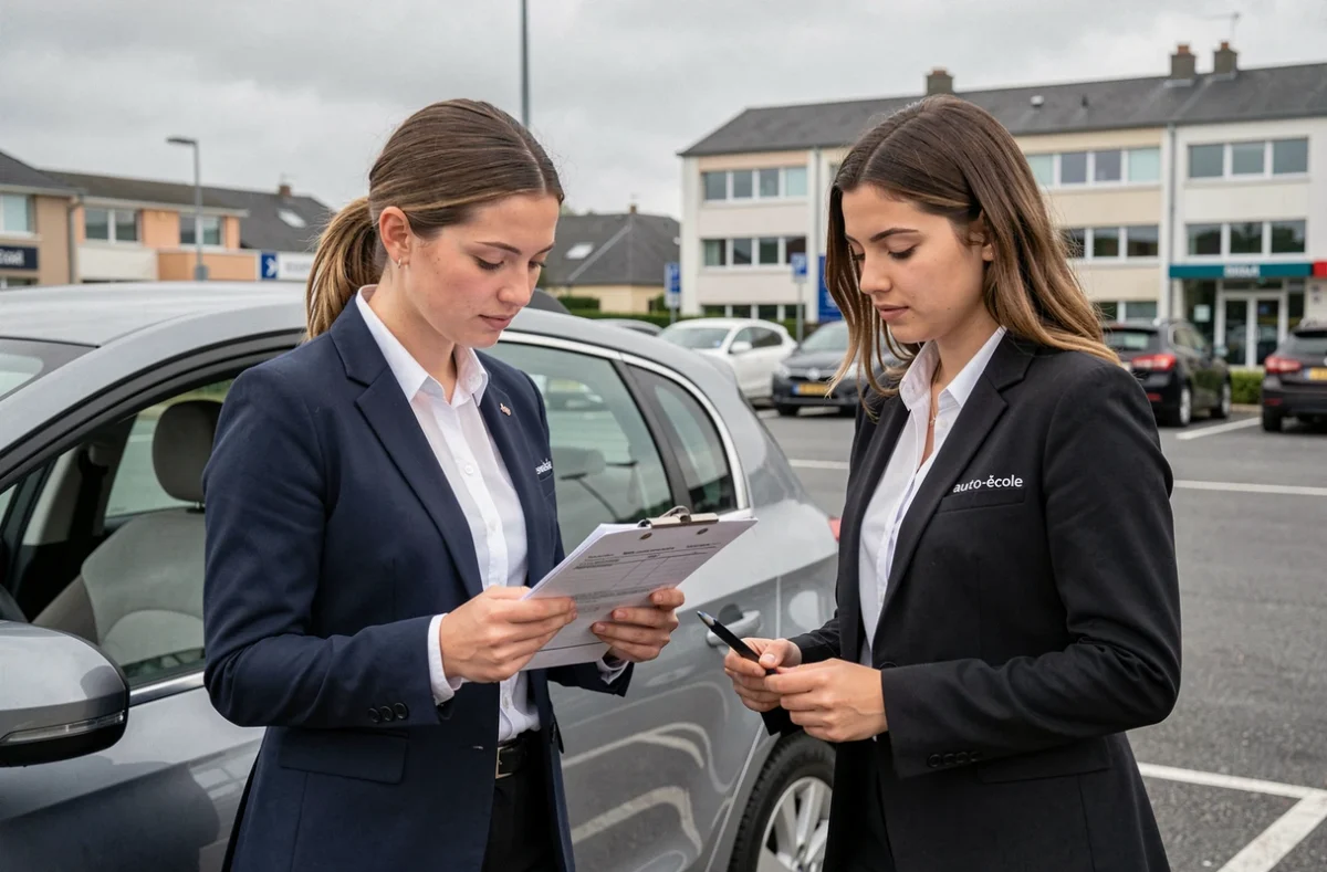 Instructrice d'Elite Conduite à Gray faisant le bilan d'une leçon avec une élève dans un parking