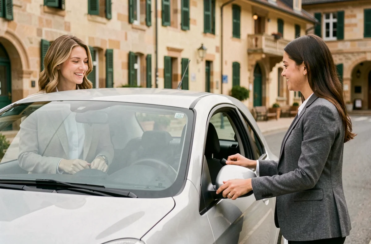 Instructrice de l'auto-école Szabo Marie-Thé à Luxeuil-les-Bains avec une élève devant un véhicule école