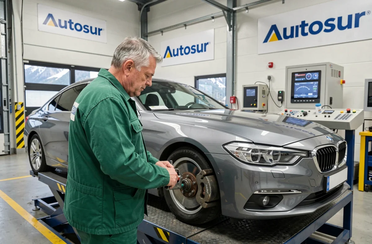 Technicien Autosur Cluses effectuant un test d'efficacité de freinage sur un rouleau freinomètre