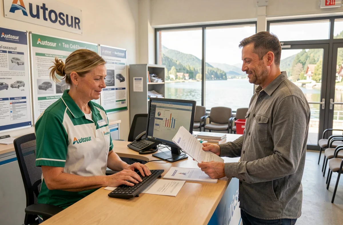 Technicienne Autosur Évian-les-Bains remettant le rapport de contrôle technique à un client