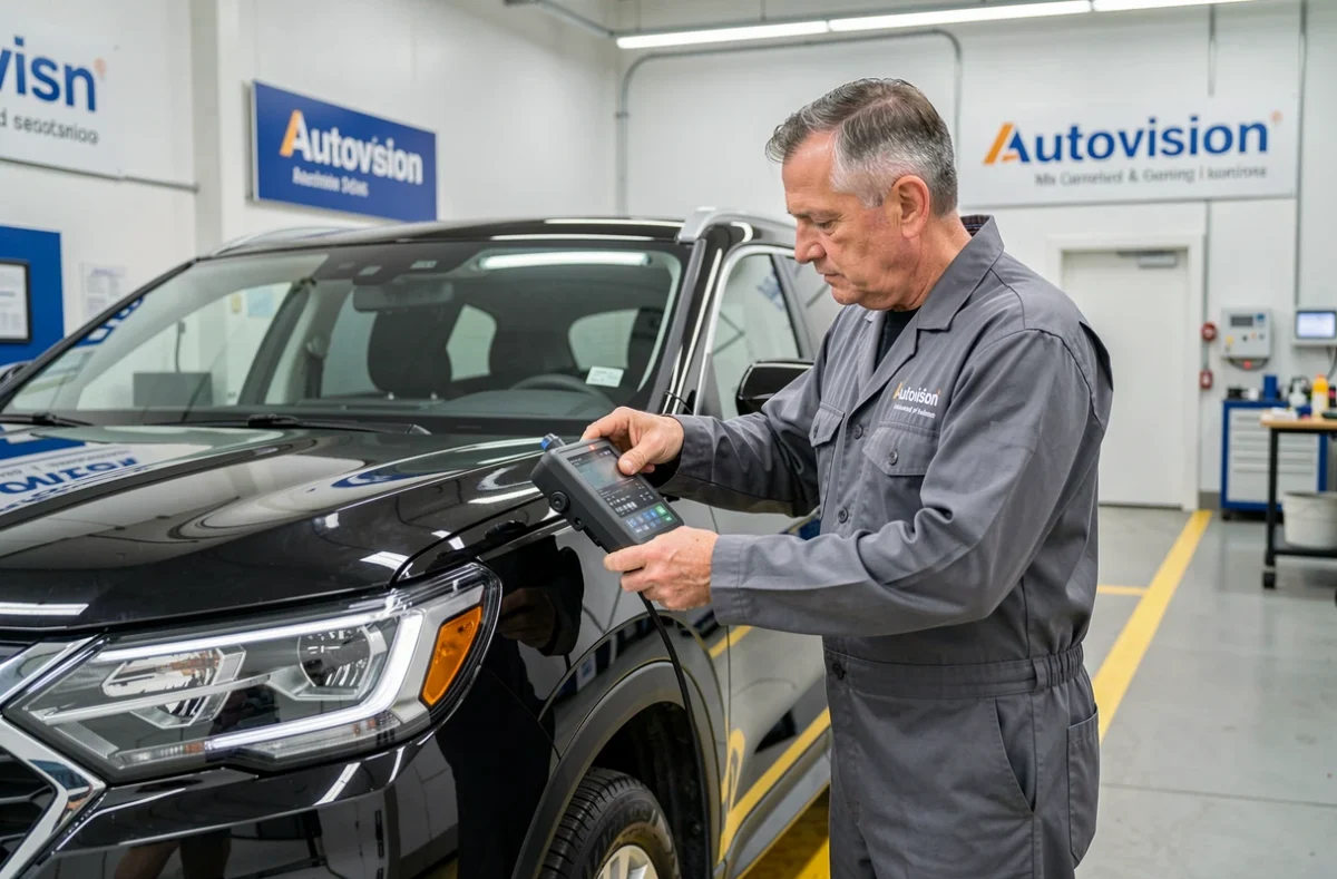 Technicien Autovision Annecy-le-Vieux réglant les phares d'un SUV lors du contrôle technique