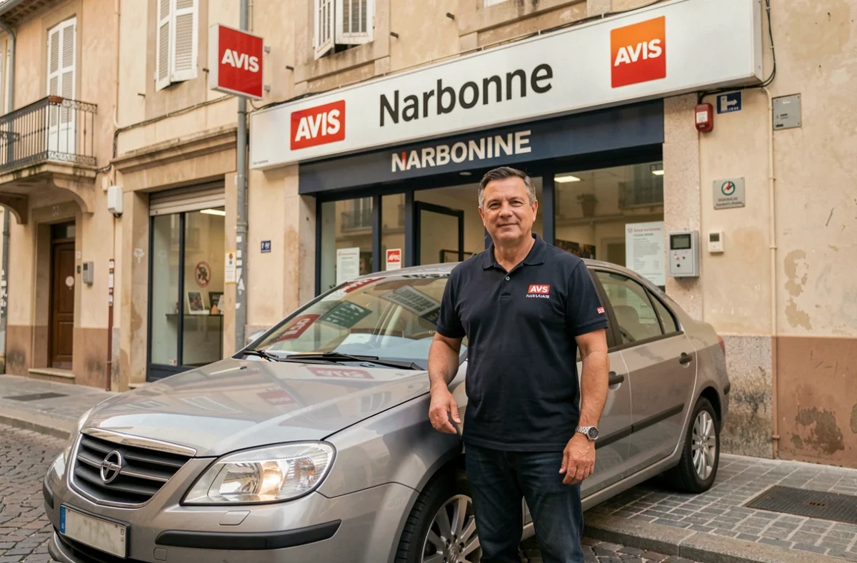 Agent Avis Narbonne posant devant une voiture de location avec la façade de l'agence visible derrière lui
