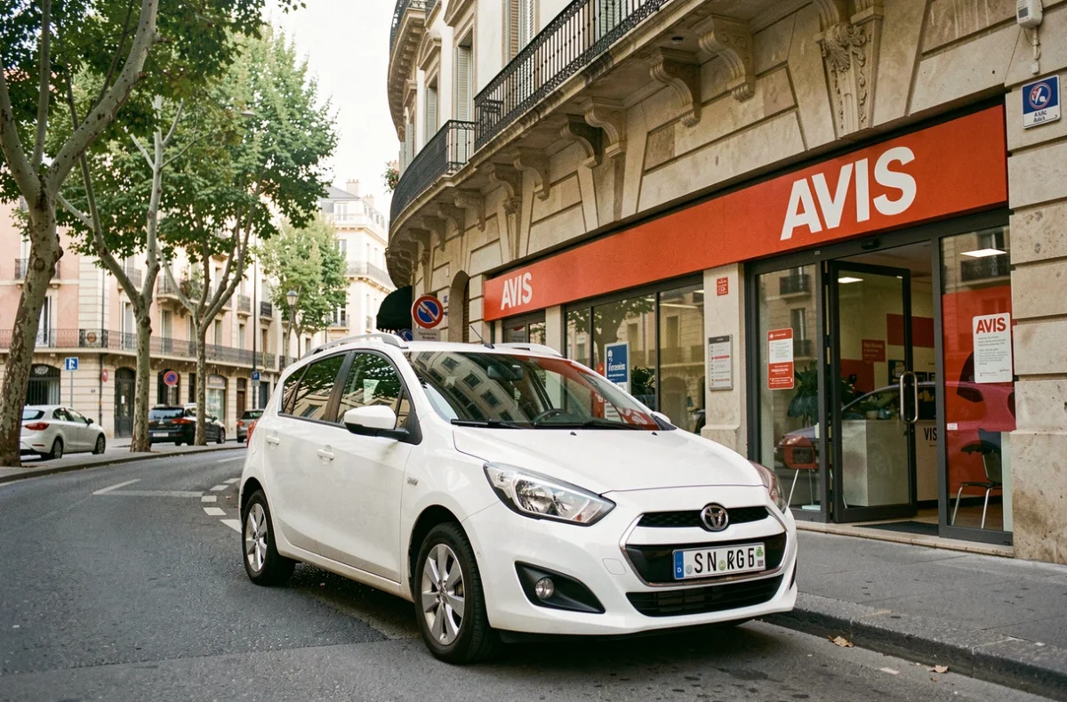 Voiture blanche garée devant l'agence Avis à Perpignan avec façade brandée en arrière-plan