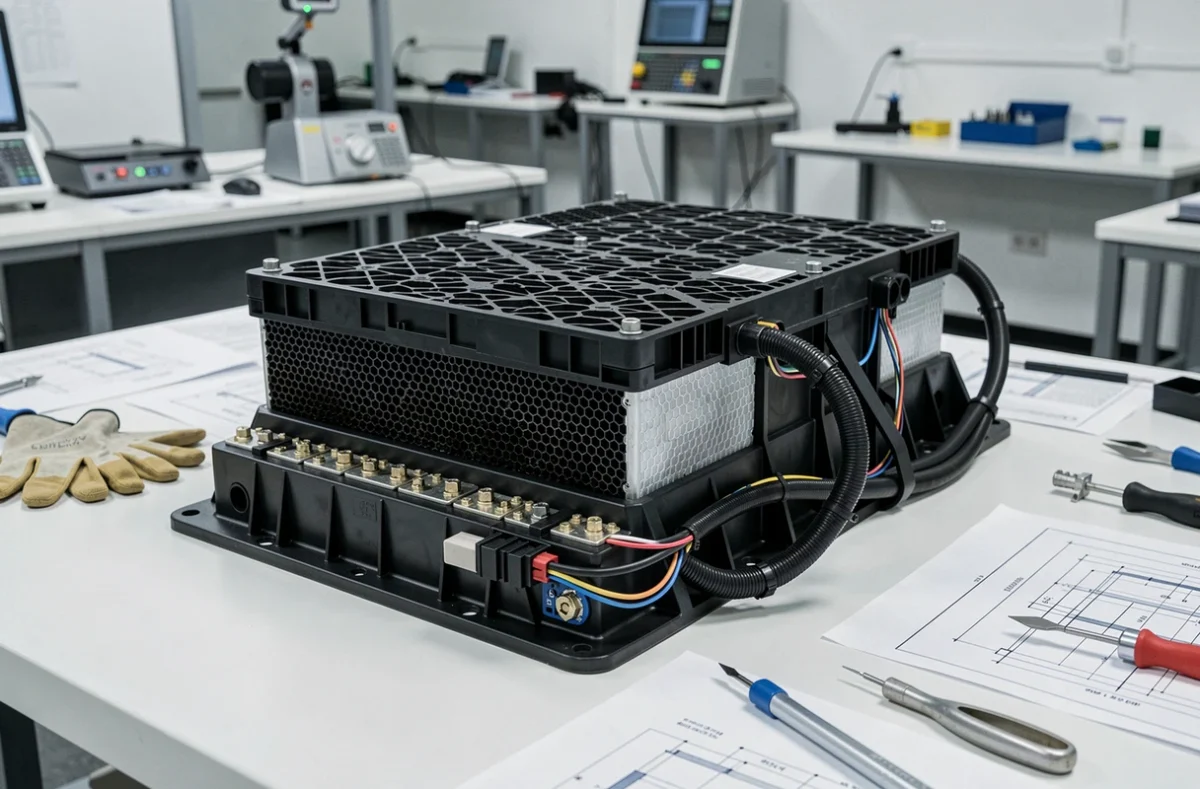 Batterie haute tension de voiture hybride exposée sur un plan de travail dans un laboratoire automobile moderne