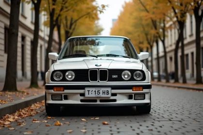 BMW E30 325i de 1990 en blanc alpin garée sur pavés européens, vue trois quarts avant, youngtimer classique en parfait état