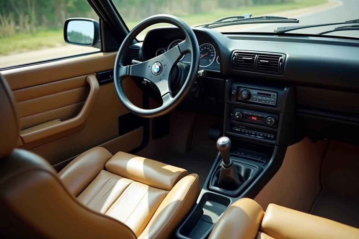 Intérieur authentique d'une BMW E30 de 1990, volant trois branches et tableau de bord d'époque, cuir beige vieilli, guide achat youngtimer