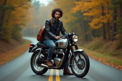 Homme aux cheveux bouclés sur une moto vintage Triumph sur une route forestière d'automne près de Woodstock, avec une guitare acoustique dans le dos, style photo documentaire années 1960