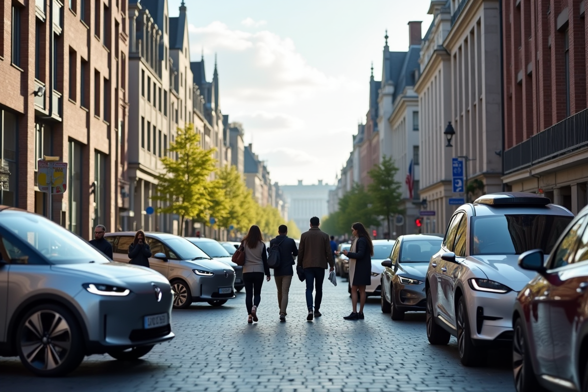 Rue animée à Bruxelles avec voitures électriques en 2025