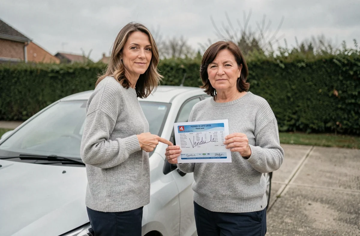 Femme tenant une carte grise barrée devant sa voiture dans une allée résidentielle lors d'une vente à un garagiste