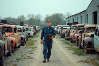 Casse automobile dans le 44 avec rangées de véhicules désassemblés et employé vérifiant l'inventaire dans la Loire-Atlantique