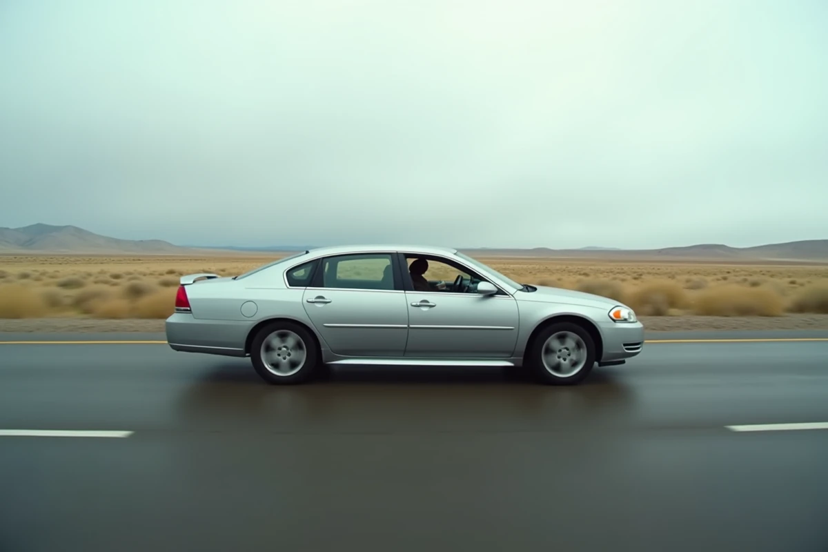 Chevrolet Impala argentée roulant sur une autoroute américaine avec paysage de plaines en arrière-plan