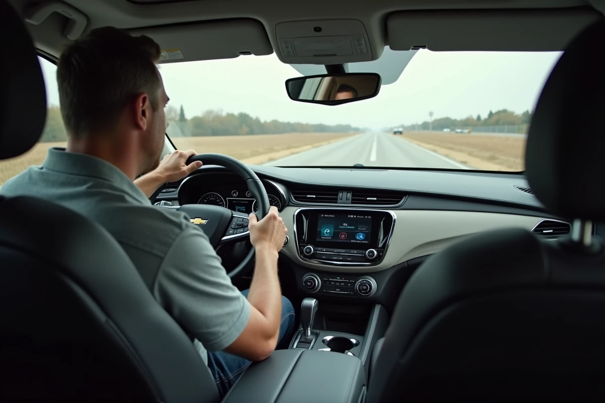Intérieur de la Chevrolet Impala avec tableau de bord tactile et conducteur au volant en tenue décontractée