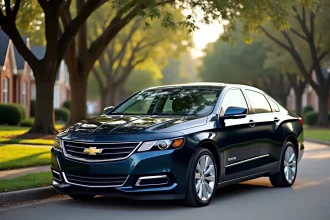 Chevrolet Impala bleue métallisée garée dans une rue résidentielle américaine, vue en angle avant 3/4