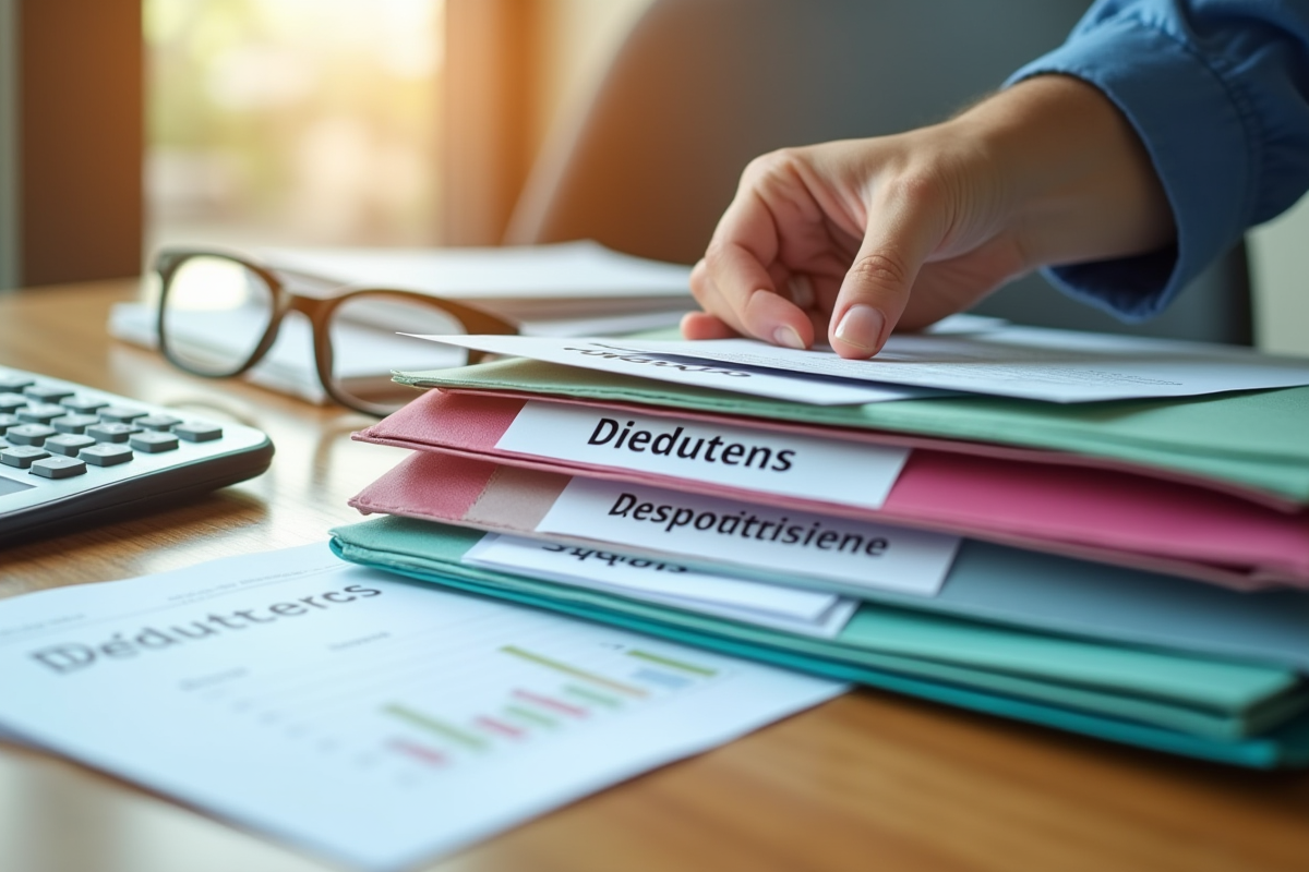 Main choisissant un dossier de deductible sur un bureau organisé