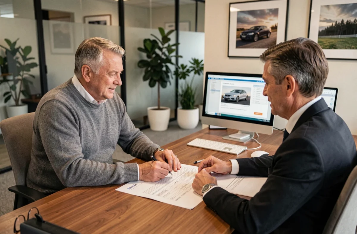 Client discutant de la prise en charge d'un sinistre automobile avec un conseiller en agence d'assurance