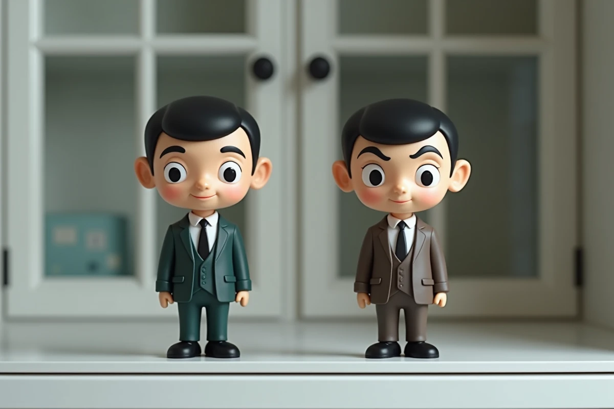 Comparaison côte à côte d'une figurine Mini Mister Bean authentique et d'une réplique de mauvaise qualité montrant les différences de finition et de peinture