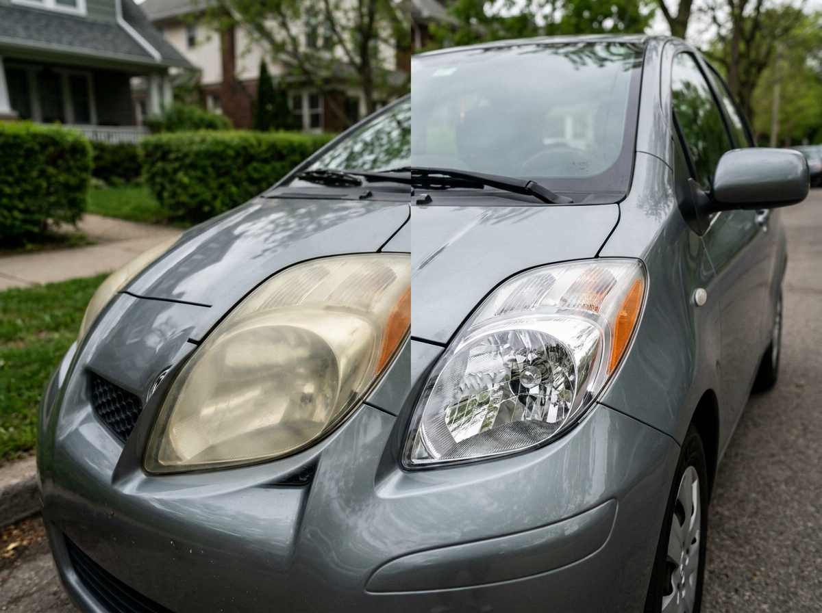 Comparaison avant-après d'un phare jauni et d'un phare restauré sur une voiture garée en rue résidentielle
