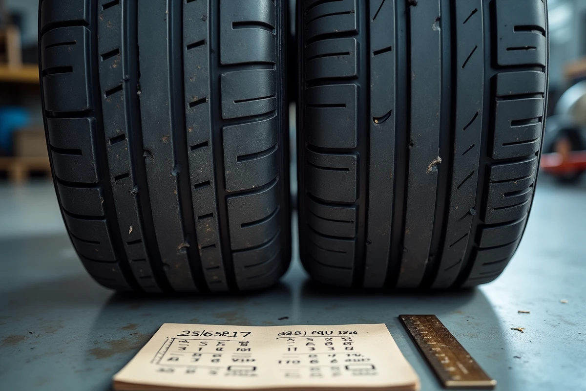 Comparaison de deux tailles de pneus SUV avec marquages de dimensions visibles et notes de calcul manuscrites