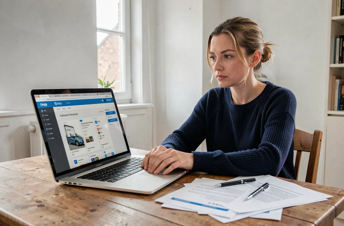 Femme comparant les tarifs d'assurance scooter en ligne sur un ordinateur portable