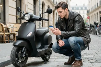 Jeune homme comparant des assurances scooter 125 sur smartphone dans une rue urbaine française