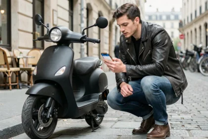 Jeune homme comparant des assurances scooter 125 sur smartphone dans une rue urbaine française