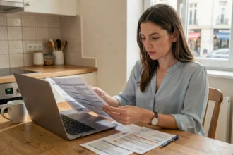 Femme comparant des devis d'assurance voiture sur ordinateur portable dans une cuisine moderne