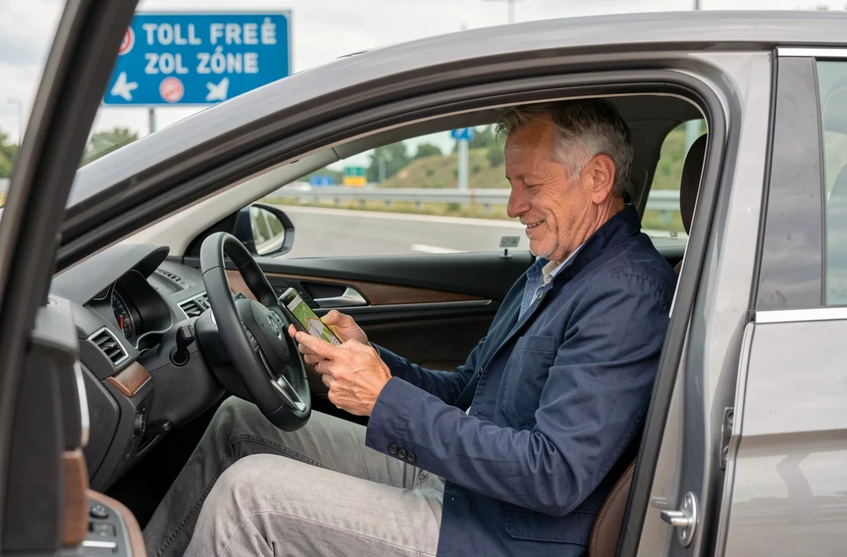 Conducteur français soulagé vérifiant son GPS dans une voiture garée sur une aire d'autoroute gratuite en 2026