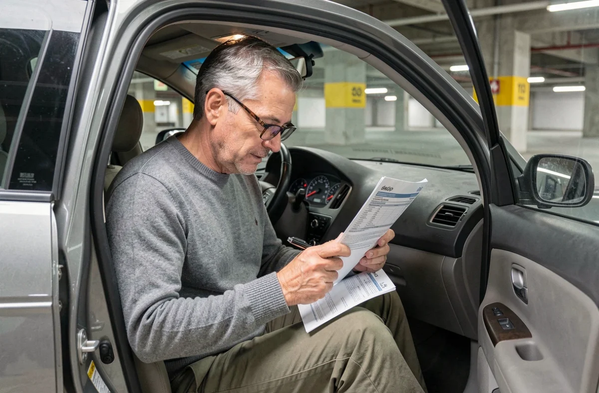 Conducteur examinant un document d'assurance au kilomètre assis dans sa voiture dans un parking urbain