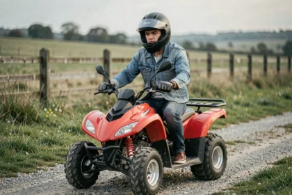 Jeune conducteur équipé sur un quad 50cc homologué rouge garé sur un chemin de gravier en milieu rural