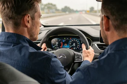 Conducteur regardant un tableau de bord affichant des vitesses en miles et kilomètres par heure dans une voiture moderne