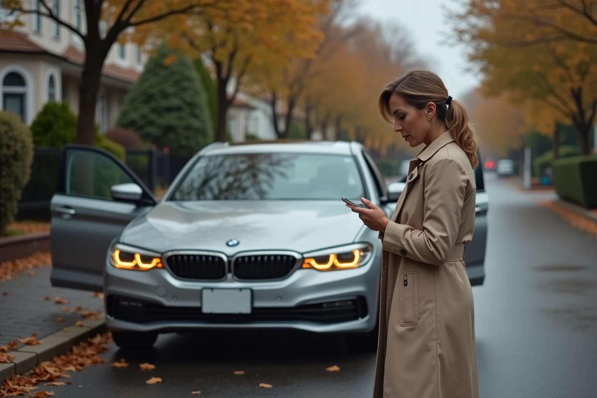 Femme inquiète consultant son téléphone devant sa BMW garée avec un voyant allumé visible sur le tableau de bord