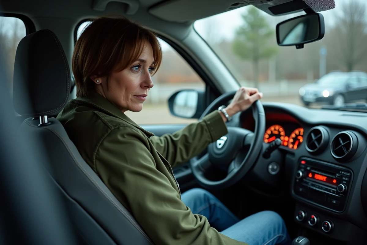 Conductrice regardant les voyants allumés sur le tableau de bord de son Dacia Duster garé sur un parking